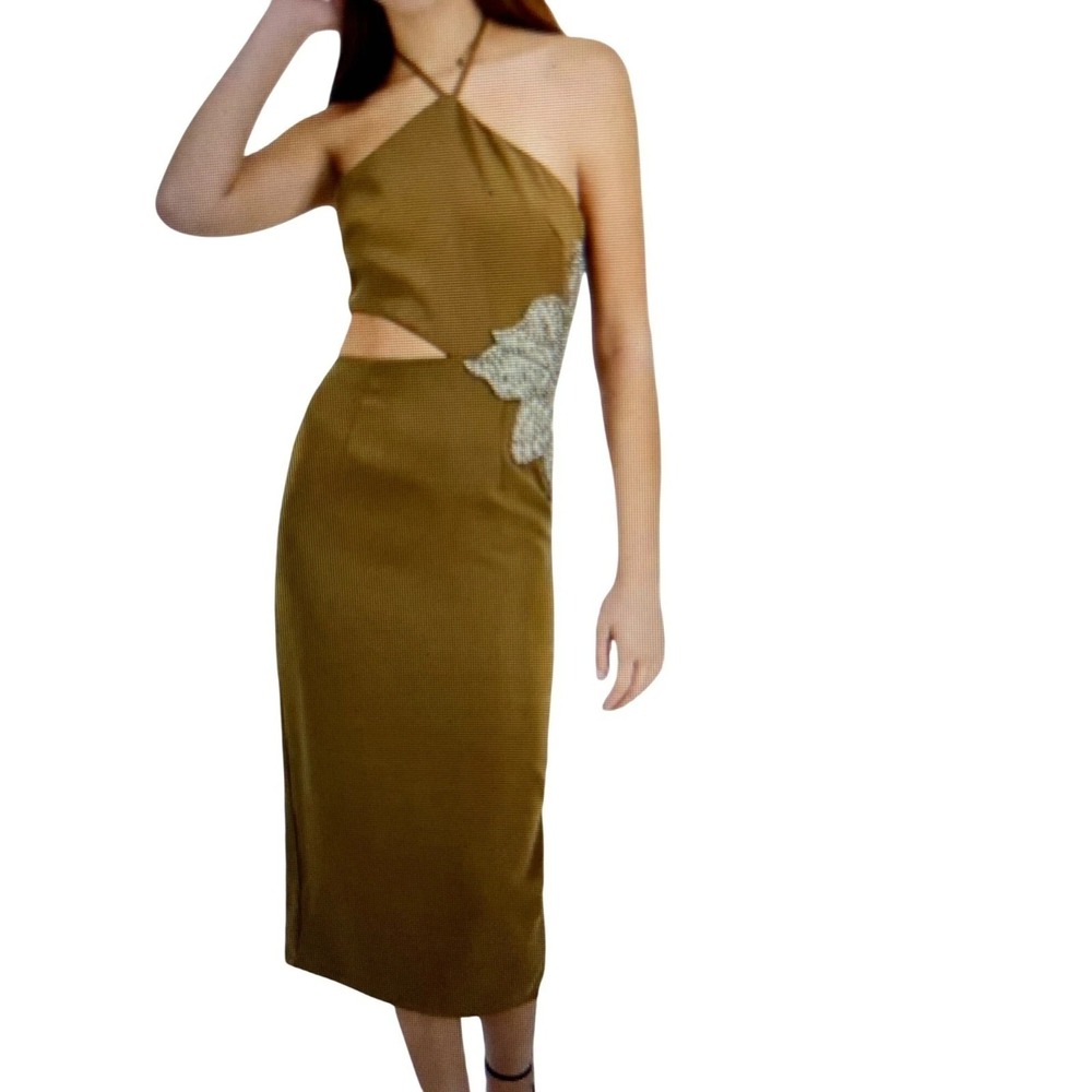 Avec‎ Les Filles 10 Chiffon Olive Brown Cutout Halter Midi Dress Beaded Applique